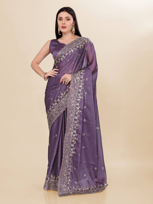 Lavender Designer Party Wear Chinon Silk Saree