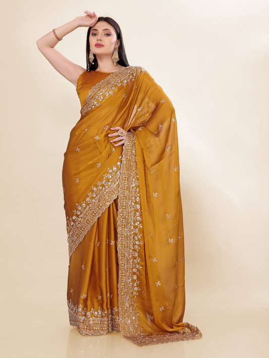 Mustard Designer Party Wear Chinon Silk Saree