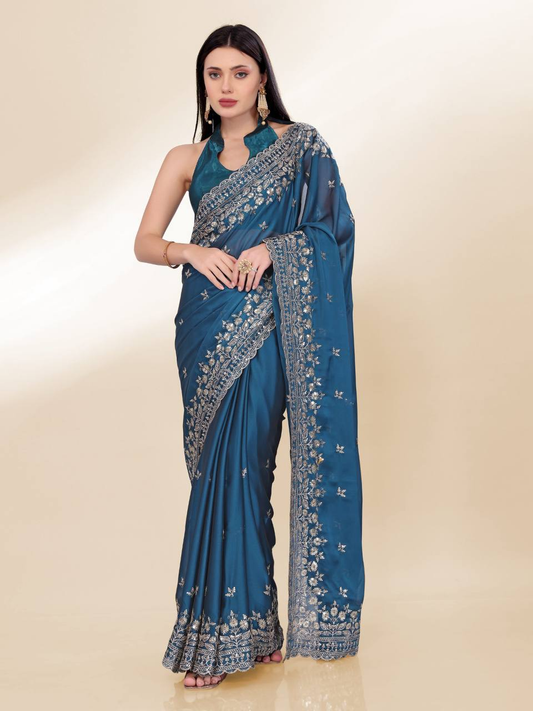 Teal Designer Party Wear Chinon Silk Saree