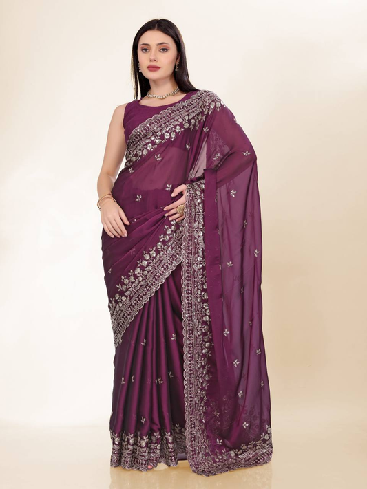 Wine Designer Party Wear Chinon Silk Saree