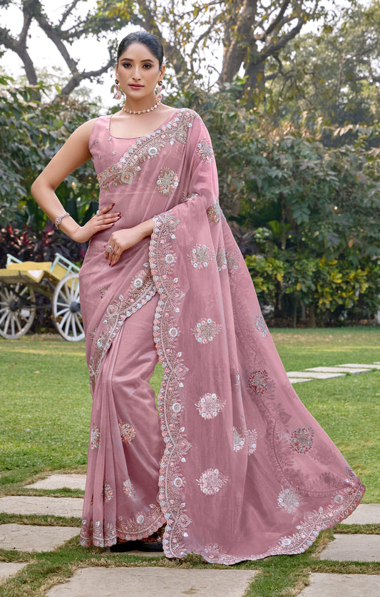 Pink Designer Party Wear Twill Net Saree