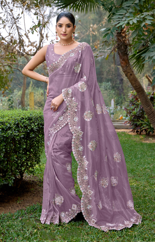 Lavender Designer Party Wear Twill Net Saree