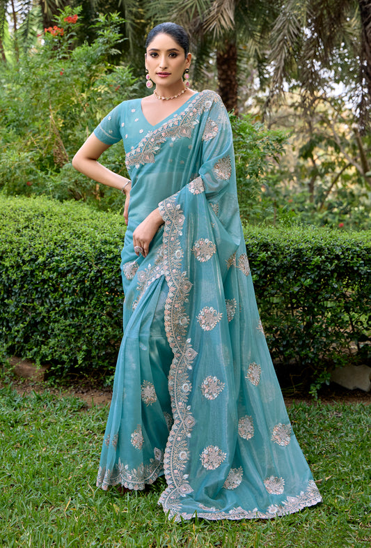 Sky Blue Designer Party Wear Twill Net Saree