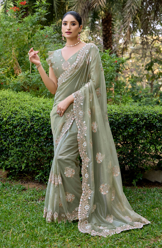 Pista Designer Party Wear Twill Net Saree