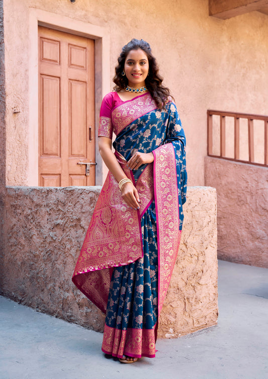 Teal Designer Party Wear Silk Saree