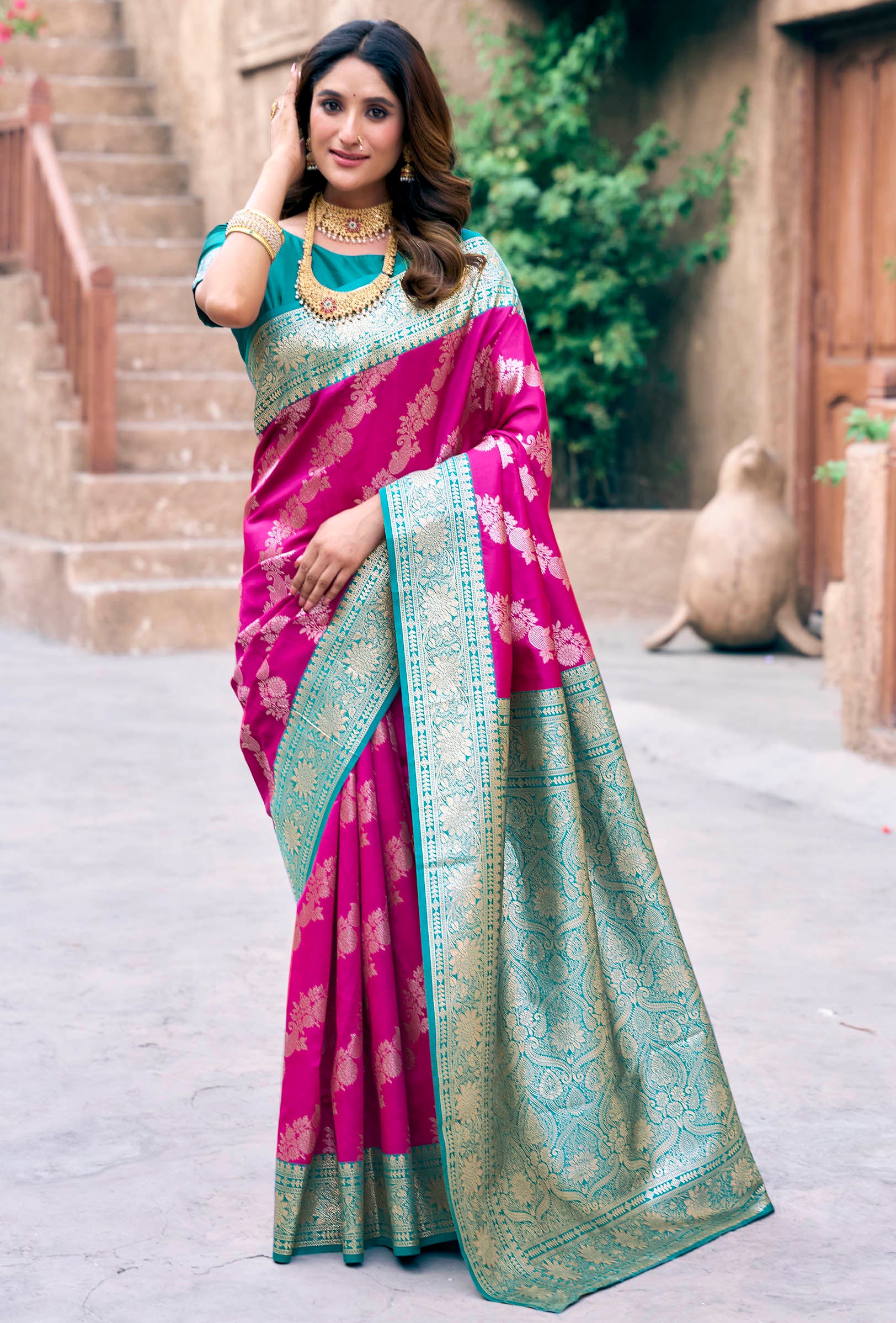 Rani pink Designer Party Wear Silk Saree