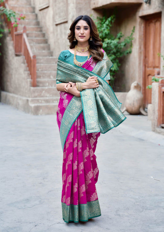 Rani pink Designer Party Wear Silk Saree