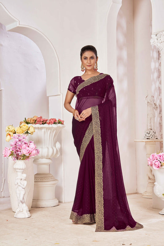 Wine Designer Party Wear Samundar Chiffon Saree