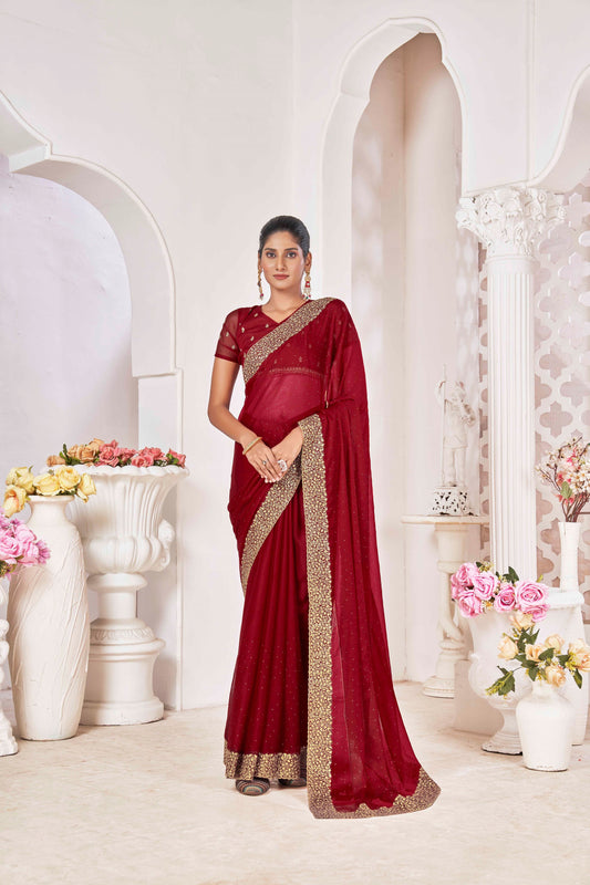 Maroon Designer Party Wear Samundar Chiffon Saree