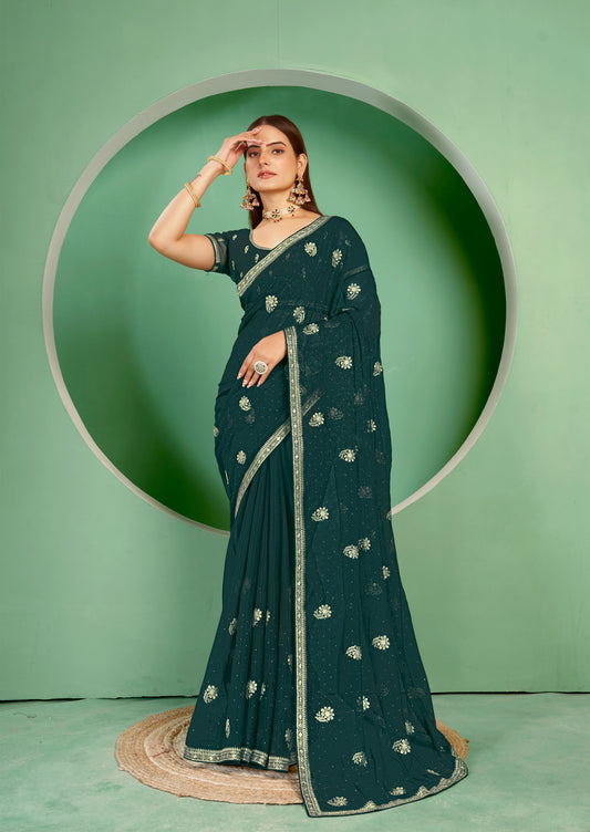 Green Designer Party Wear Shimmer Blooming Saree