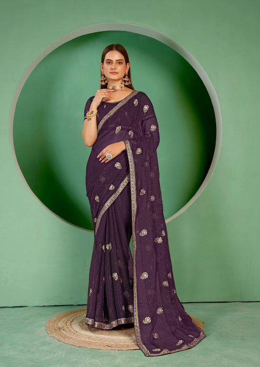 Wine Designer Party Wear Shimmer Blooming Saree