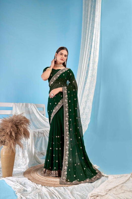 Green Designer Party Wear Blooming Georgette Saree