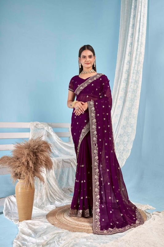 Purple Designer Party Wear Blooming Georgette Saree