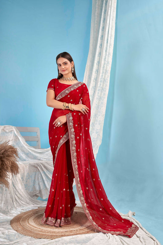 Red Designer Party Wear Blooming Georgette Saree