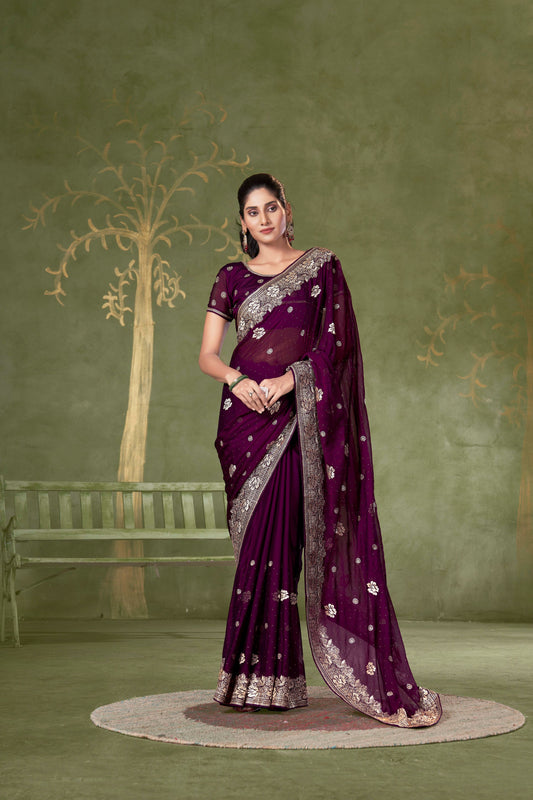 Wine Designer Party Wear Samundar Chiffon Saree