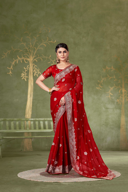 Red Designer Party Wear Samundar Chiffon Saree