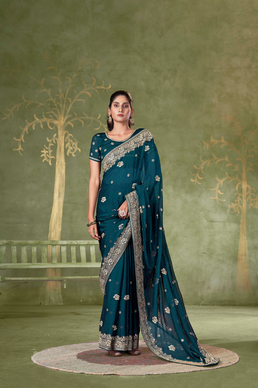 Teal Designer Party Wear Samundar Chiffon Saree