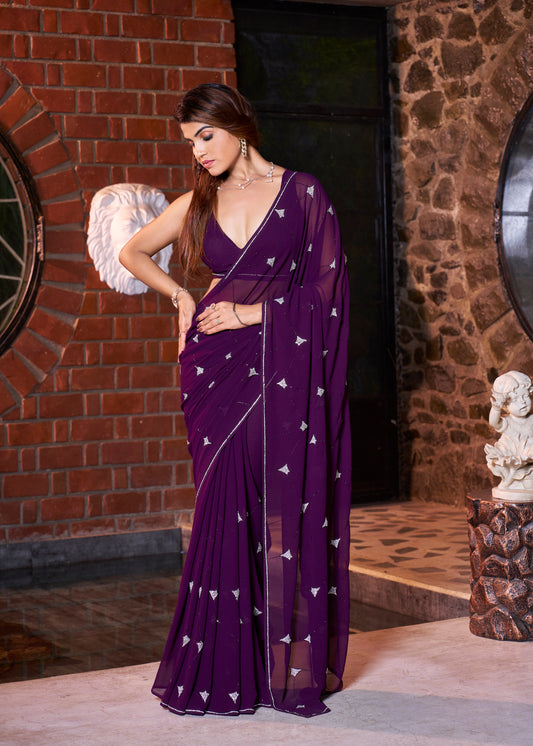 Purple Designer Party Wear Pure Georgette Saree