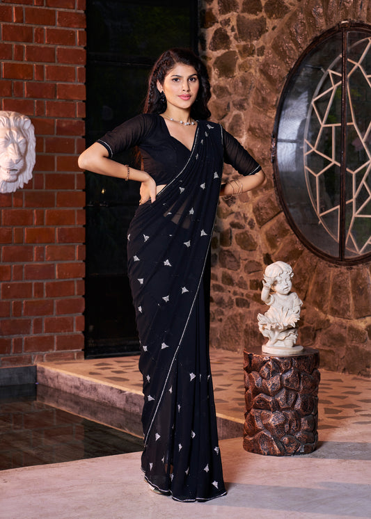 Black Designer Party Wear Pure Georgette Saree