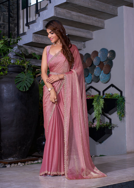 Pink Designer Party Wear NC Satin Silk Chiffon Saree