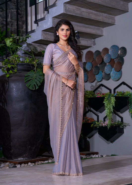 Grey Designer Party Wear NC Satin Silk Chiffon Saree