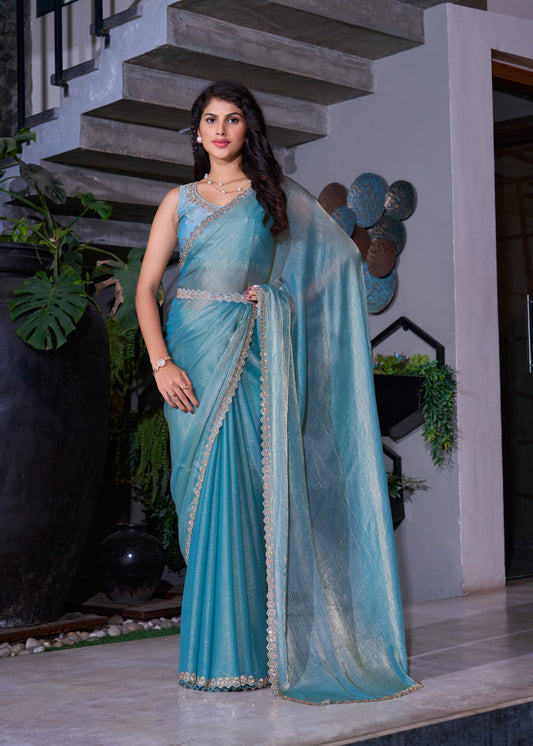 Sky Blue Designer Party Wear NC Satin Silk Chiffon Saree