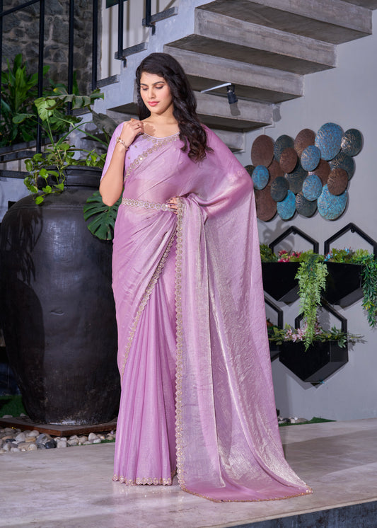 Lavender Designer Party Wear NC Satin Silk Chiffon Saree