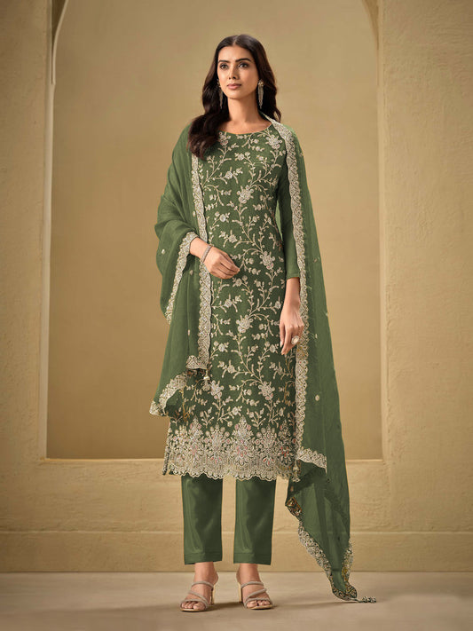 Olive Green Traditional Designer Heavy Salwar Suit Collection