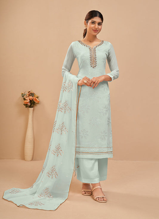 PowderBlue Georgette Kurta Set  With Embroidery - Thread, Sequins And Khatli Work