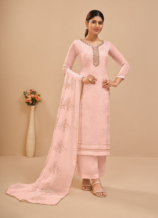 Peach Georgette Kurta Set  With Embroidery - Thread, Sequins And Khatli Work