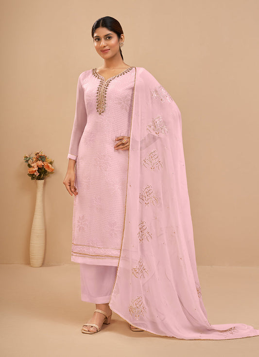 LightPink Georgette Kurta Set  With Embroidery - Thread, Sequins And Khatli Work