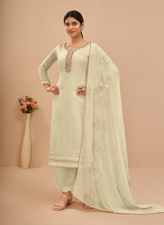 LightYellow Georgette Kurta Set  With Embroidery - Thread, Sequins And Khatli Work