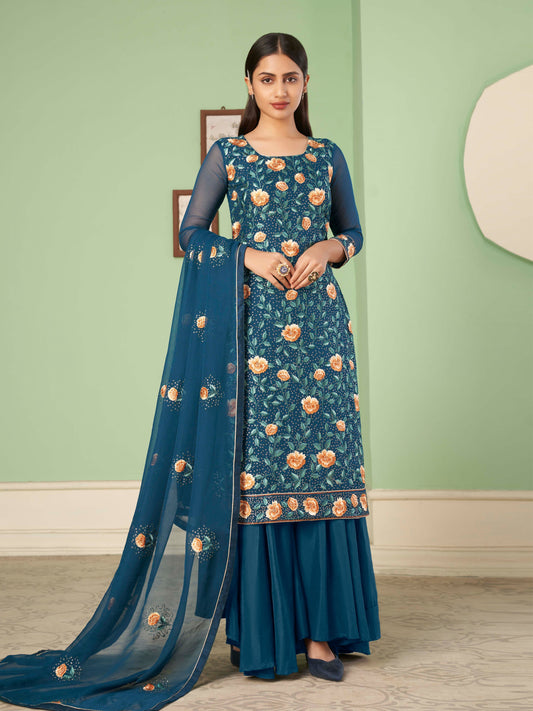 Cerulean Blue Georgette Kurta Set  With Embroidery - Sequins And Multicolour Thread