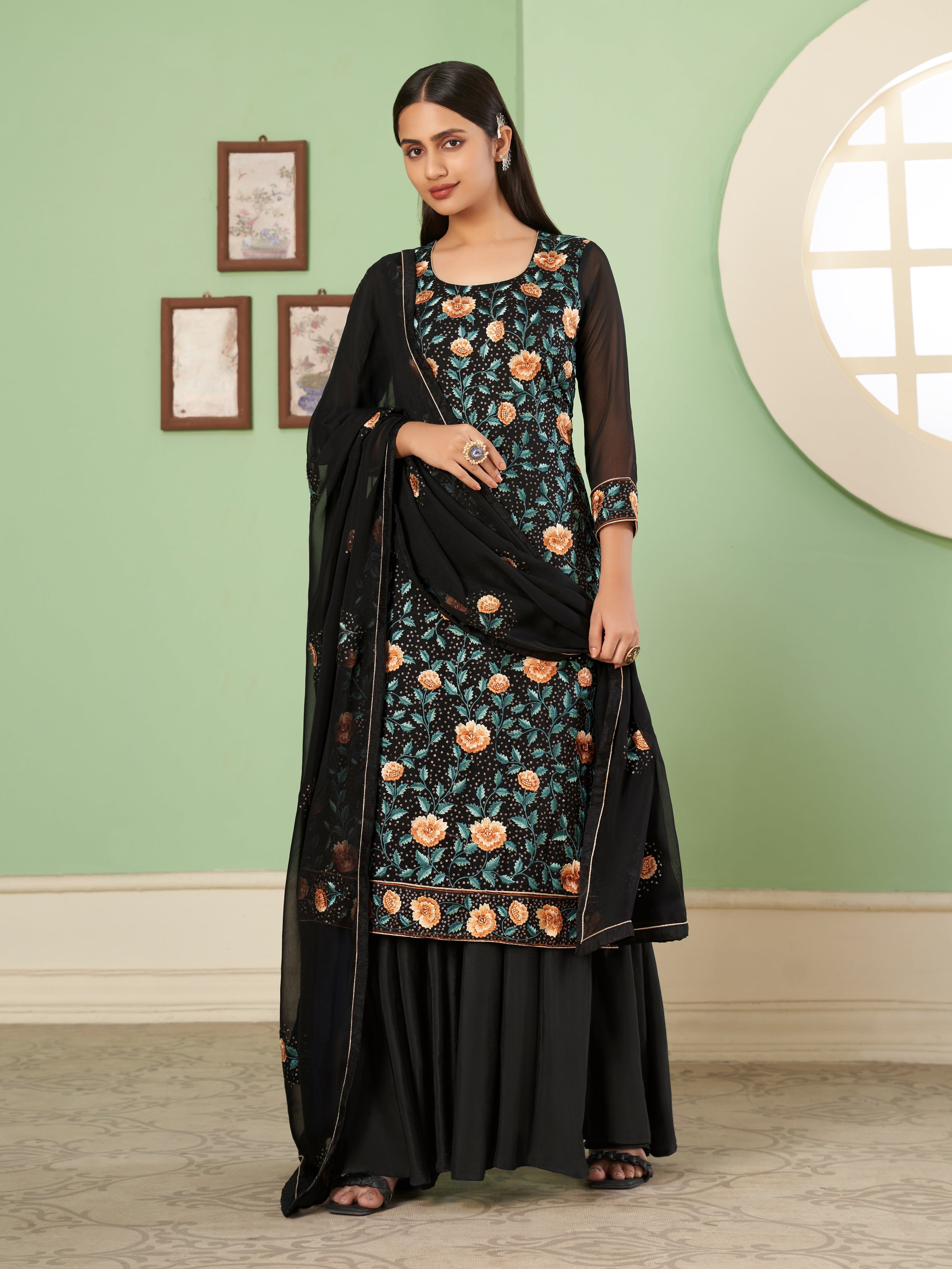 Black Georgette Kurta Set  With Embroidery - Sequins And Multicolour Thread