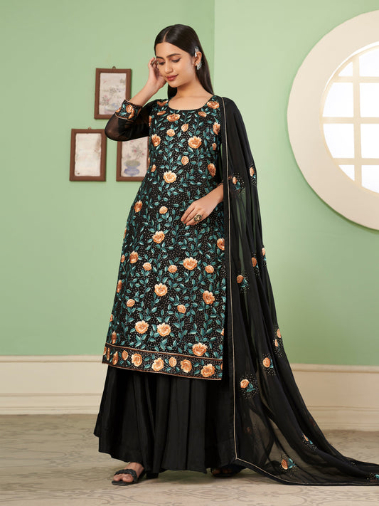 Black Georgette Kurta Set  With Embroidery - Sequins And Multicolour Thread