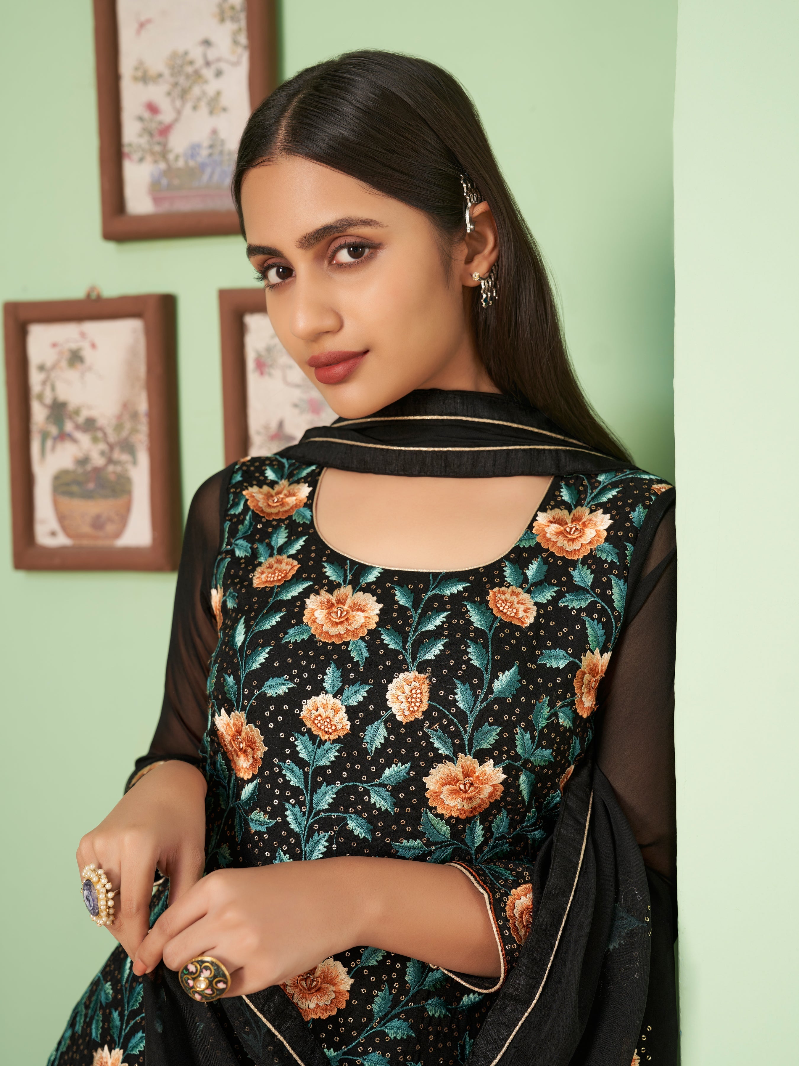 Black Georgette Kurta Set  With Embroidery - Sequins And Multicolour Thread