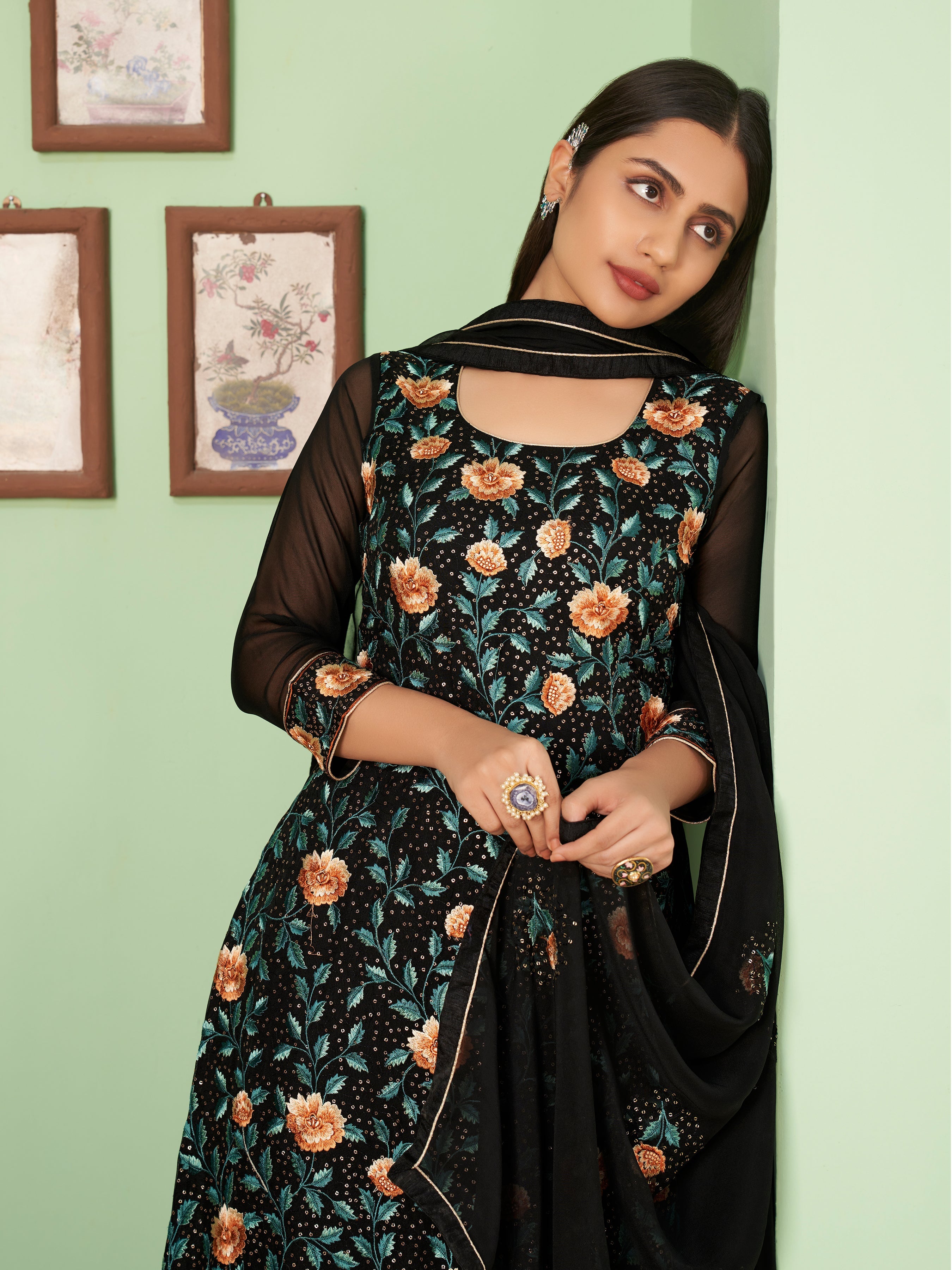 Black Georgette Kurta Set  With Embroidery - Sequins And Multicolour Thread