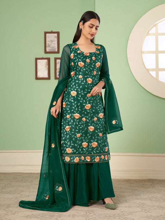 Green Georgette Kurta Set  With Embroidery - Sequins And Multicolour Thread