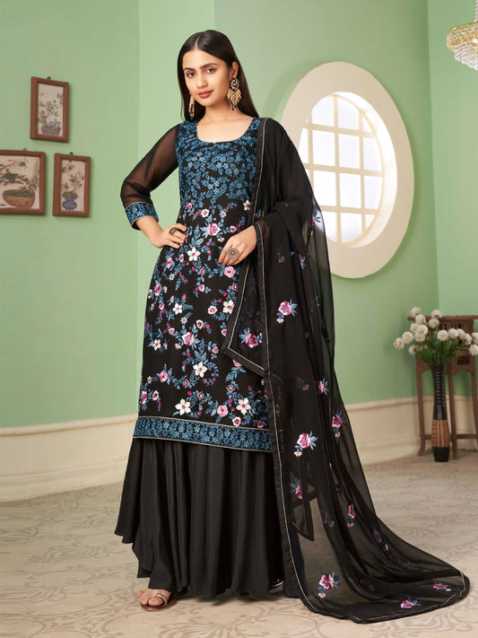 Black Georgette Kurta Set  With Embroidery - Sequins And Multicolour Thread