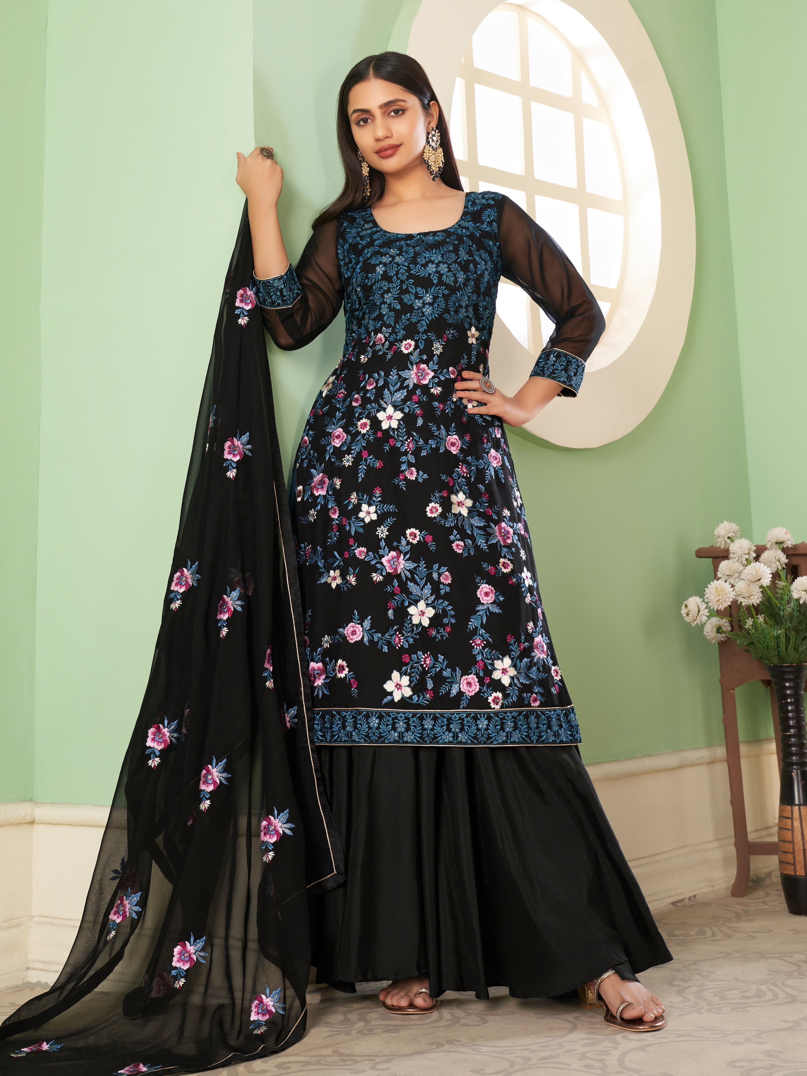 Black Georgette Kurta Set  With Embroidery - Sequins And Multicolour Thread