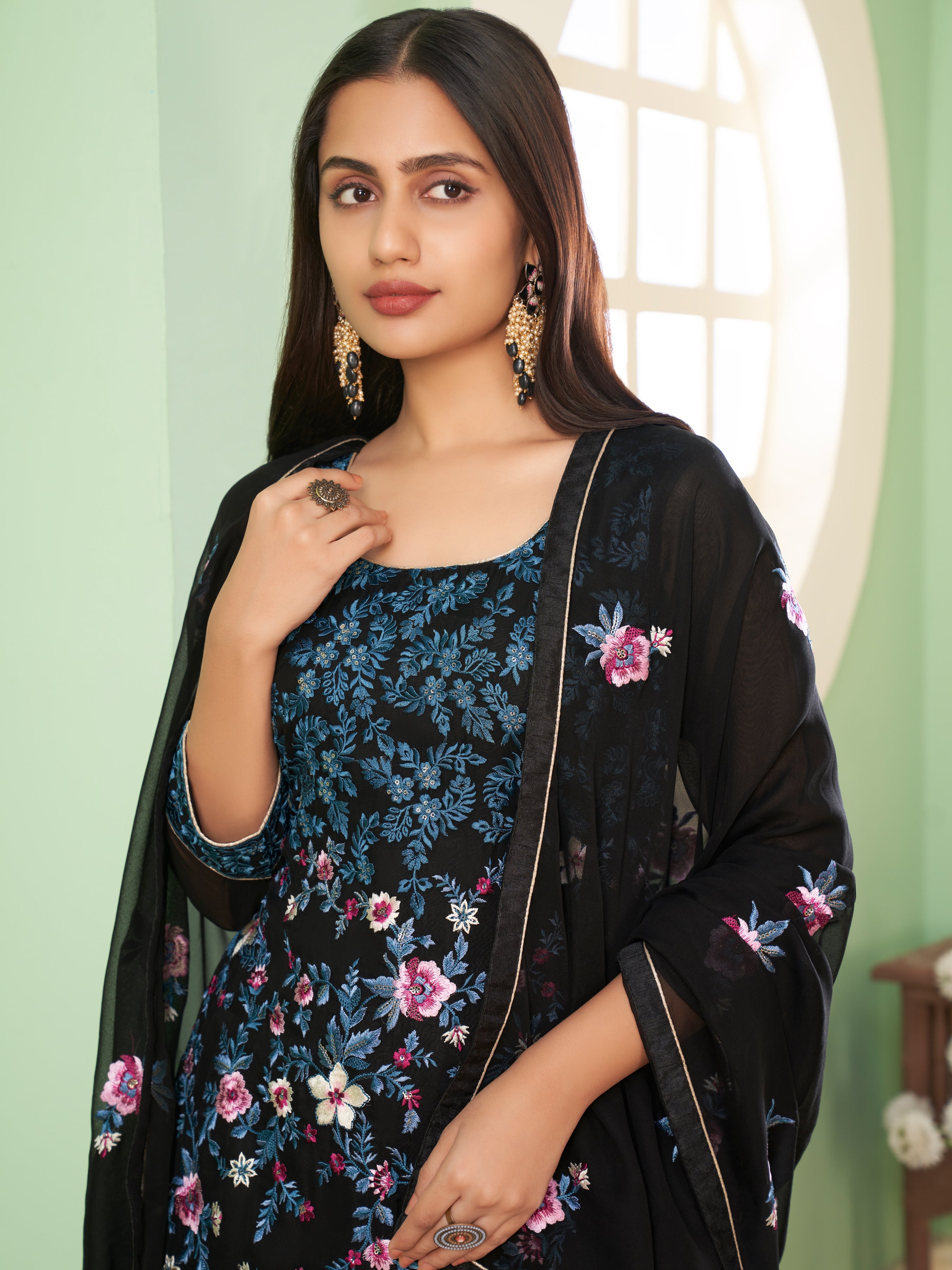 Black Georgette Kurta Set  With Embroidery - Sequins And Multicolour Thread