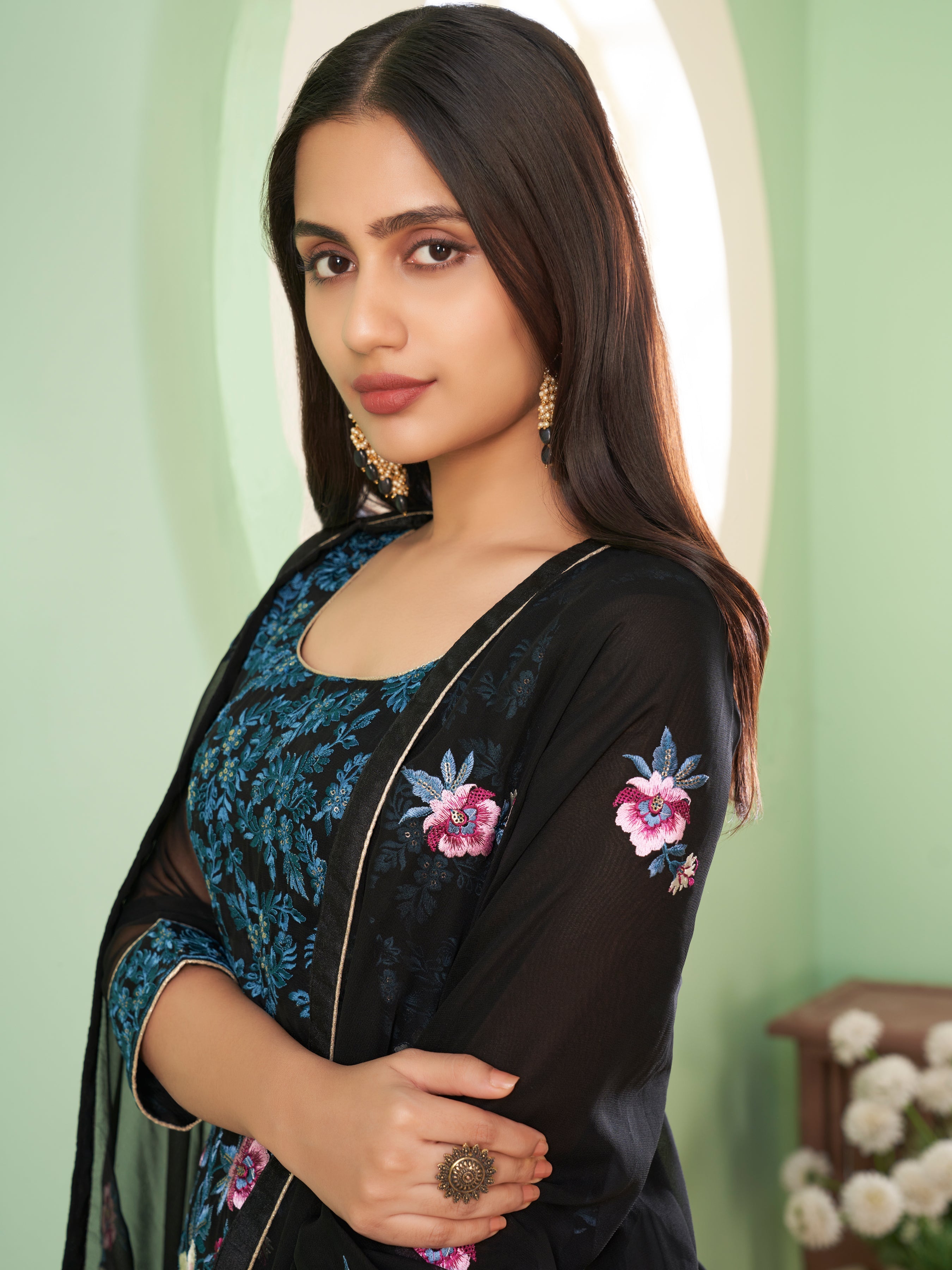 Black Georgette Kurta Set  With Embroidery - Sequins And Multicolour Thread