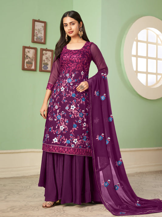 Purple Georgette Kurta Set  With Embroidery - Sequins And Multicolour Thread