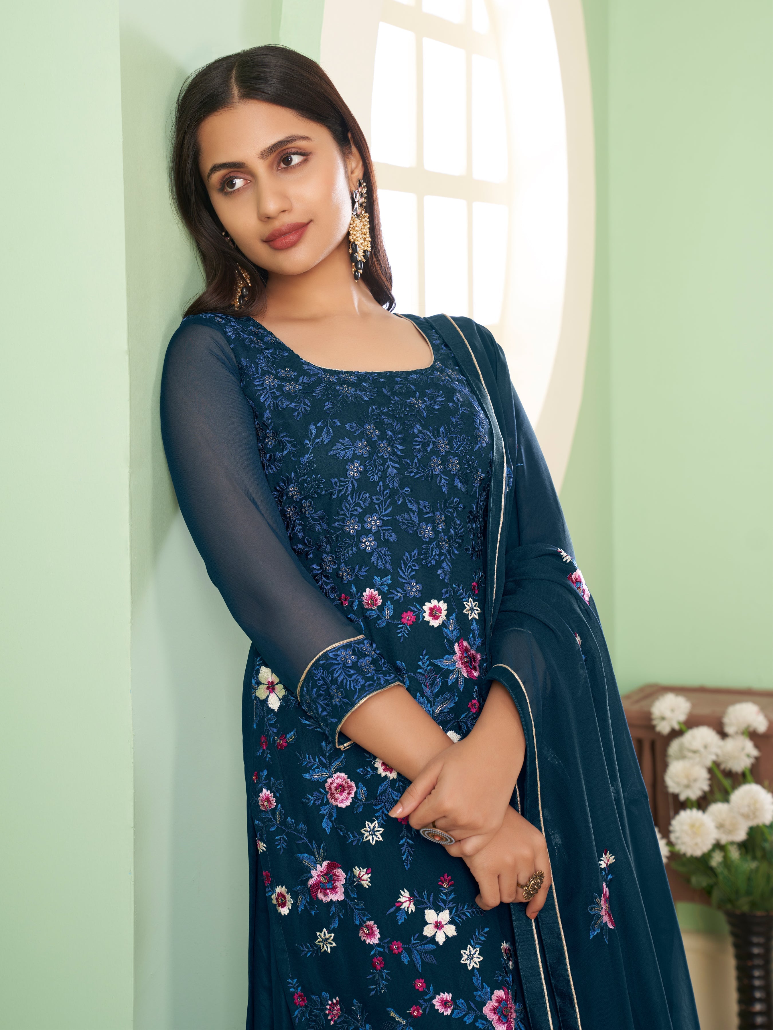 Aeganblue Georgette Kurta Set  With Embroidery - Sequins And Multicolour Thread