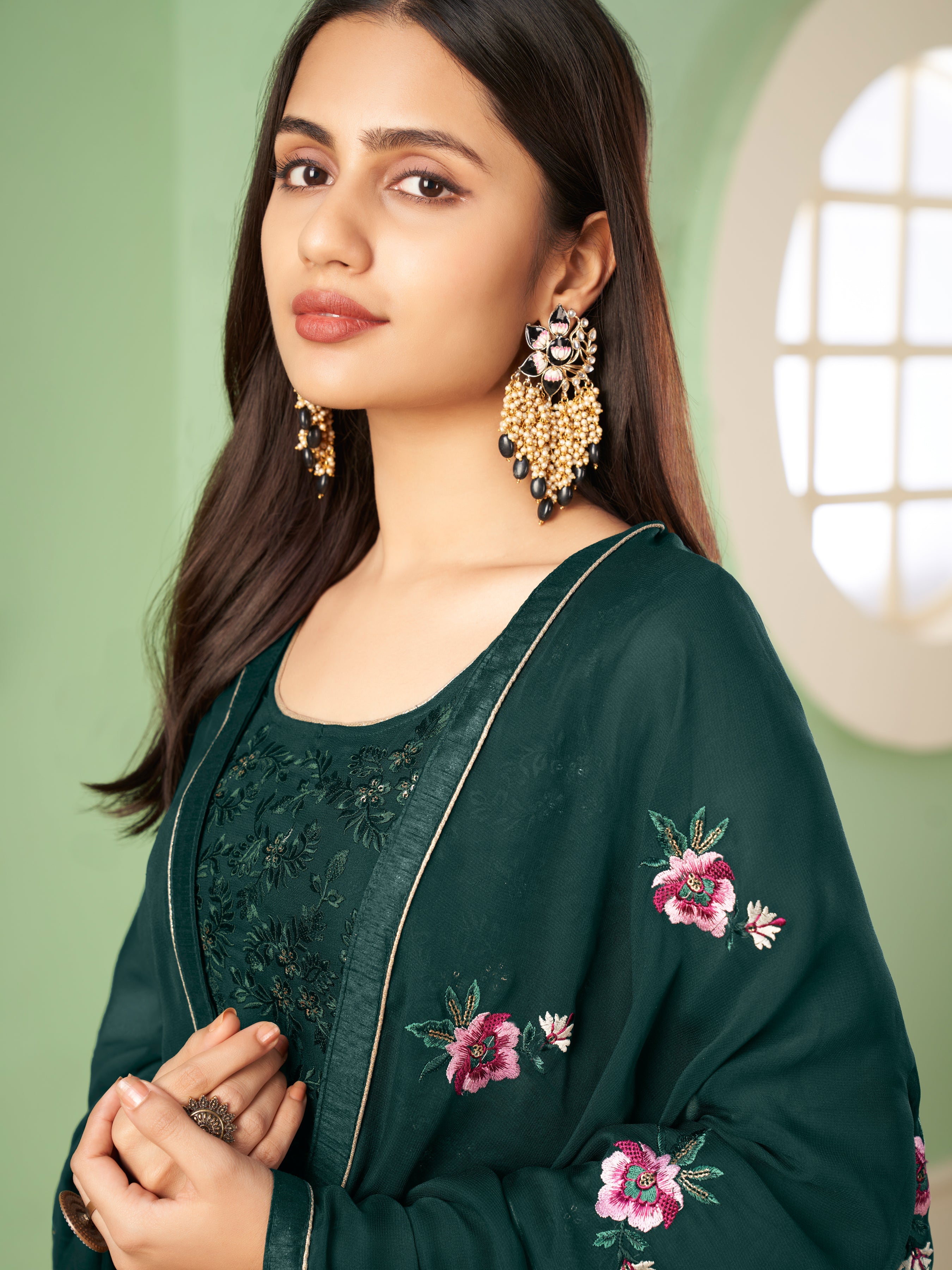 Darkgreen Georgette Kurta Set  With Embroidery - Sequins And Multicolour Thread