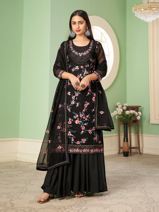 Blaclk Georgette Kurta Set  With Embroidery - Sequins And Multicolour Thread