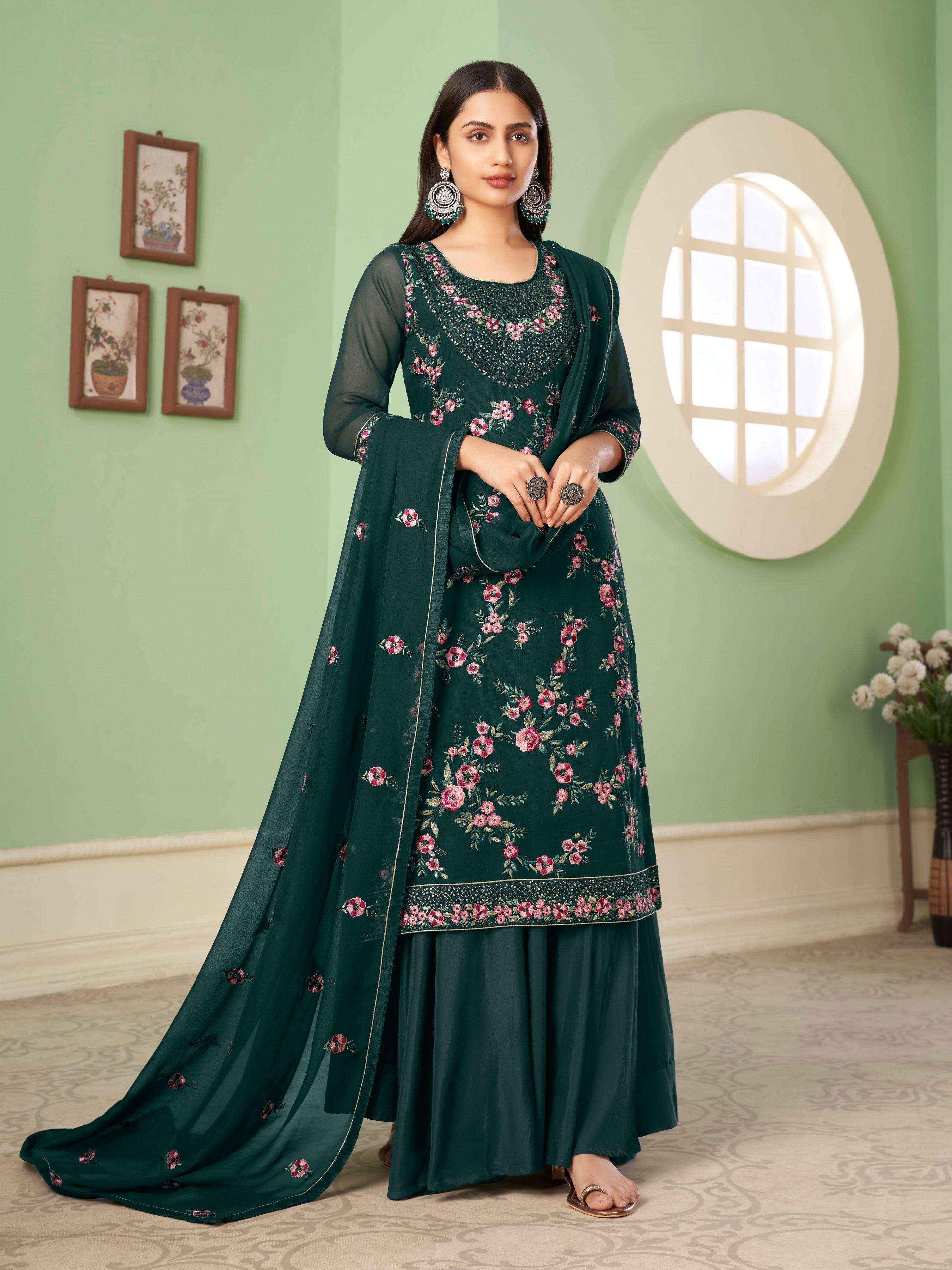Darkgreen Georgette Kurta Set  With Embroidery - Sequins And Multicolour Thread