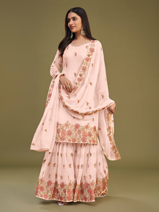 Peach Georgette Kurta Set  With Multi Thread Embroidery