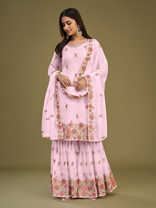 Pink Georgette Kurta Set  With Multi Thread Embroidery