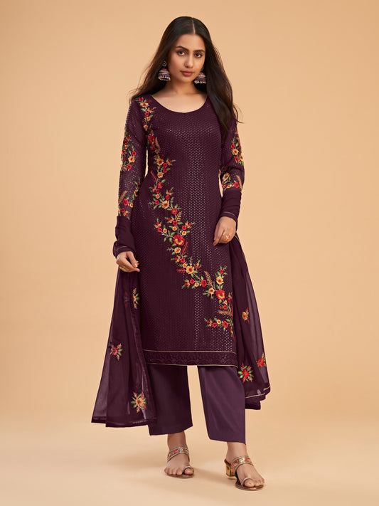 Wine Georgette Kurta Set  With Sequins, Multi Thread And Zari Embroidered Work